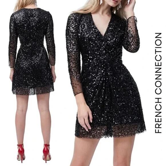 French Connection NWT Emille Sparkle Long Sleeve Sequin Sheath Dress In Black, 0 - Picture 1 of 12